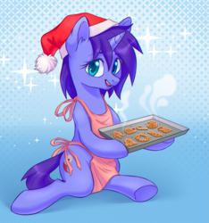 Size: 1265x1354 | Tagged: safe, artist:lightning-stars, oc, oc only, oc:seafood dinner, pony, unicorn, apron, christmas, clothes, cookie, food, hat, holiday, open mouth, santa hat, sitting, snack, underhoof