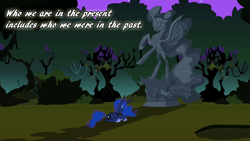 Size: 1280x720 | Tagged: safe, edit, edited screencap, screencap, nightmare moon, princess luna, alicorn, pony, luna eclipsed, everfree forest, mister rogers, quote, solo, statue, text