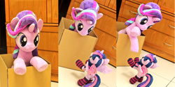 Size: 2040x1024 | Tagged: safe, artist:nekokevin, starlight glimmer, twilight sparkle, twilight sparkle (alicorn), alicorn, pony, unicorn, series:nekokevin's glimmy, box, clothes, crossed arms, cute, female, glimmerbetes, hnnng, irl, life size, looking at each other, looking down, looking up, mare, photo, plushie, pony in a box, raised hoof, size difference, smiling, socks, starlight's little twibird, striped socks, twiabetes