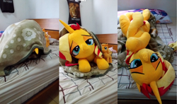 Size: 2036x1200 | Tagged: safe, artist:nekokevin, applejack, fluttershy, sunset shimmer, twilight sparkle, earth pony, pegasus, pony, unicorn, bed, bedroom eyes, bedsheets, body pillow, female, irl, life size, looking at you, lying down, mare, on back, photo, pillow, plushie, prone, size difference, smiling, upside down