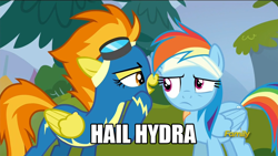 Size: 1280x720 | Tagged: safe, derpibooru import, edit, edited screencap, screencap, rainbow dash, spitfire, pegasus, pony, newbie dash, captain america, discovery family logo, hail hydra, image macro, meme, spitfire's nickname, wonderbolts uniform