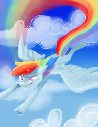 Size: 900x1165 | Tagged: safe, artist:ellamred, rainbow dash, pegasus, pony, flying, rainbow trail, solo, trail