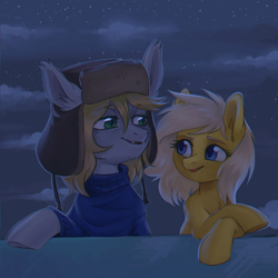 Size: 1968x1968 | Tagged: safe, artist:lightning-stars, oc, oc:ellis, oc:lightning star, bat pony, earth pony, pony, clothes, duo, ellning, hat, ushanka