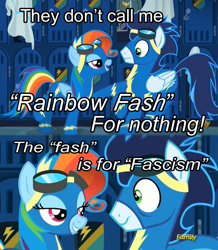 Size: 682x783 | Tagged: safe, derpibooru import, edit, edited screencap, screencap, rainbow dash, soarin', pegasus, pony, newbie dash, fascism, image macro, meme, rainbow fash, wonderbolts uniform