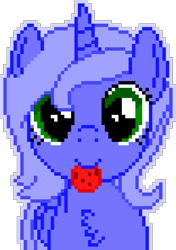 Size: 1040x1480 | Tagged: safe, artist:arifproject, editor:cocoa bittersweet, princess luna, alicorn, pony, chest fluff, cookie, cute, female, filly, food, horn, looking at you, manepxls, mare, mouth hold, pixel art, pxls.space, s1 luna, simple background, smiling, solo, transparent background, woona, younger