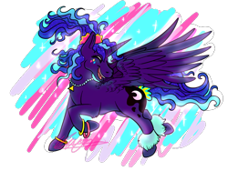 Size: 1024x768 | Tagged: safe, artist:tory-the-fuzzball, princess luna, alicorn, pony, between dark and dawn, 80's luna, abstract background, alternate hairstyle, dancing, eyes closed, jewelry, signature, simple background, smiling, solo, transparent background