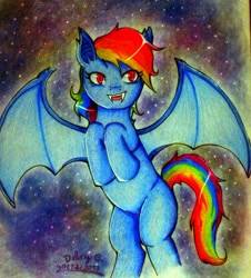 Size: 600x663 | Tagged: safe, artist:kagamine-mitsu, rainbow dash, bat pony, pony, bat ponified, fangs, race swap, rainbowbat, solo, traditional art