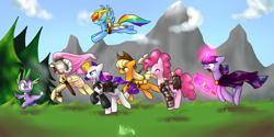 Size: 2000x1000 | Tagged: safe, artist:atrixy, derpibooru import, applejack, fluttershy, pinkie pie, rainbow dash, rarity, spike, twilight sparkle, dragon, earth pony, pegasus, pony, unicorn, armor, axe, chase, crossover, dovahshy, hammer, helmet, magic, skyrim, staff, sword, the elder scrolls