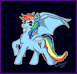 Size: 910x877 | Tagged: safe, artist:marilltachiquin, rainbow dash, bat pony, pony, bat ponified, fangs, race swap, rainbowbat, solo