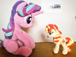 Size: 1024x767 | Tagged: safe, artist:nekokevin, starlight glimmer, sunset shimmer, pony, unicorn, cute, duo, female, glimmerbetes, irl, life size, looking at each other, looking down, looking up, mare, photo, plushie, shimmerbetes, sitting, size difference, smiling