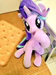 Size: 767x1024 | Tagged: safe, artist:nekokevin, starlight glimmer, pony, unicorn, series:nekokevin's glimmy, carpet, cookie, cute, eyes on the prize, female, food, glimmerbetes, glimmerposting, irl, looking up, mare, meme, photo, plushie, raised hoof, sitting, table, waifu dinner