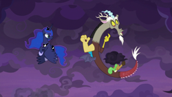 Size: 1920x1080 | Tagged: safe, screencap, discord, princess luna, alicorn, draconequus, pony, the summer sun setback, :o, cloud, cloudy, cute, duo, female, flying, male, open mouth