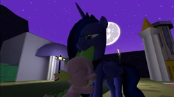 Size: 1024x575 | Tagged: safe, alternate version, artist:undeadponysoldier, princess luna, spike, alicorn, dragon, pony, 3d, canterlot, female, gmod, male, mare, mare in the moon, moon, shipping, spikelove, spiluna, straight