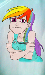 Size: 1552x2592 | Tagged: safe, artist:skalker, rainbow dash, human, art theft, humanized, light skin, pouting, solo, trace