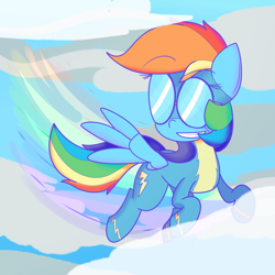 Size: 1280x1280 | Tagged: safe, artist:mr-degration, derpibooru import, rainbow dash, pegasus, pony, newbie dash, cloud, flying, solo, wonderbolts uniform