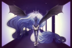 Size: 1280x854 | Tagged: safe, artist:dementra369, princess luna, alicorn, pony, alternate hairstyle, cloven hooves, ethereal mane, female, hoers, hybrid wings, looking at you, mare, solo, space, spread wings, stars, white eyes, wing claws, wings