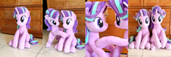 Size: 3064x1024 | Tagged: safe, artist:nekokevin, starlight glimmer, pony, unicorn, cute, duo, female, glimmerbetes, irl, looking at each other, looking at you, mare, photo, plushie, raised hoof, self ponidox, sitting, smiling