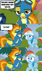 Size: 606x1024 | Tagged: safe, derpibooru import, screencap, rainbow dash, spitfire, pegasus, pony, newbie dash, exploitable meme, meme, spitfire's nickname, wonderbolts uniform