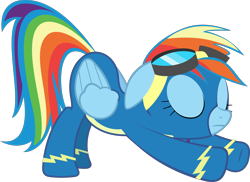 Size: 2500x1821 | Tagged: safe, artist:bluetech, derpibooru import, rainbow dash, pegasus, pony, newbie dash, cobra stretch, crouching, eyes closed, female, goggles, inkscape, iwtcird, mare, meme, simple background, solo, stretching, transparent background, vector, wonderbolts