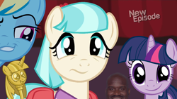 Size: 1280x720 | Tagged: safe, edit, edited screencap, screencap, coco pommel, rainbow dash, twilight sparkle, human, irl, irl human, photo, shaq, shaquille o'neal, smugdash, twilight scepter, wat