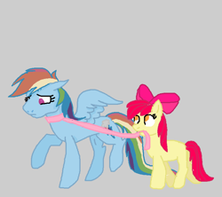 Size: 797x707 | Tagged: safe, artist:ihasjessie-kat, apple bloom, rainbow dash, pegasus, pony, collar, duo, leash, sad