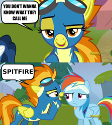 Size: 1279x1436 | Tagged: safe, derpibooru import, edit, edited screencap, screencap, rainbow dash, spitfire, pegasus, pony, newbie dash, captain obvious, discovery family logo, headcanon, shaped like itself, speech bubble, spitfire's nickname