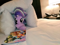 Size: 1024x767 | Tagged: safe, artist:nekokevin, starlight glimmer, pony, unicorn, series:nekokevin's glimmy, babscon, bed, bedroom, crossed hooves, cute, female, glimmerbetes, irl, lamp, looking down, lying down, mare, photo, pillow, plushie, prone, solo