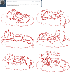 Size: 1071x1100 | Tagged: safe, rainbow dash, pegasus, pony, ask, ask sleepy dash, cloud, monochrome, sleeping, solo, tumblr