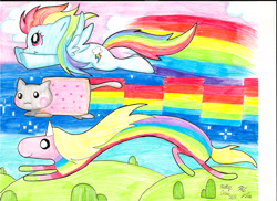 Size: 2337x1700 | Tagged: safe, artist:theundertakerskitty, rainbow dash, pegasus, pony, adventure time, crossover, lady rainicorn, nyan cat, nyan dash, rainbow, traditional art