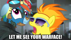 Size: 1280x720 | Tagged: safe, derpibooru import, edit, rainbow dash, spitfire, pegasus, pony, newbie dash, full metal jacket, image macro, let me see your war face, meme, rainbow trash, war face, wonderbolts uniform