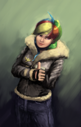 Size: 705x1103 | Tagged: safe, artist:bakuel, derpibooru import, rainbow dash, human, newbie dash, badge, bomber jacket, clothes, fingerless gloves, gloves, humanized, jacket, pants, solo, thumbs up, wonderbolts logo, zipper