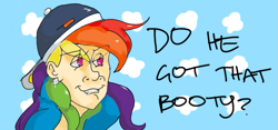 Size: 787x367 | Tagged: safe, artist:mcwhale4, rainbow dash, human, backwards ballcap, baseball cap, bust, cap, ear piercing, earring, female, hat, human female, humanized, jewelry, light skin, no pupils, piercing, portrait, solo