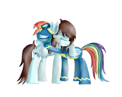 Size: 3750x3000 | Tagged: safe, artist:anonymous, derpibooru import, rainbow dash, oc, oc:linormusicbeat, pegasus, pony, newbie dash, female, hug, mare, simple background, white background, wonderbolts uniform