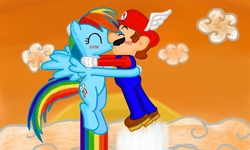 Size: 800x480 | Tagged: safe, artist:rainbowmario11, rainbow dash, pegasus, pony, blushing, crossover, crossover shipping, flying, hug, huggies, kissing, maridash, mario, shipping, super mario bros.