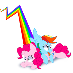 Size: 1042x1056 | Tagged: safe, artist:lucyspicystrawberry, derpibooru import, pinkie pie, rainbow dash, earth pony, pegasus, pony, blue coat, duo, duo female, female, mare, multicolored mane, pink coat, pink mane, wings