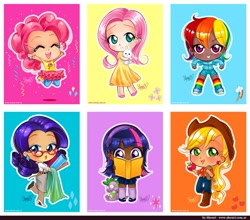 Size: 1089x960 | Tagged: safe, artist:shourimajo, derpibooru import, applejack, fluttershy, pinkie pie, rainbow dash, rarity, twilight sparkle, chibi, humanized, mane six