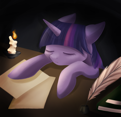 Size: 872x845 | Tagged: safe, artist:lightning-stars, twilight sparkle, asleep on the job, book, candle, inkwell, quill, sleeping, solo, tired