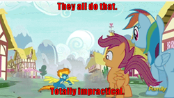 Size: 800x450 | Tagged: safe, derpibooru import, edit, edited screencap, screencap, rainbow dash, scootaloo, spitfire, pegasus, pony, newbie dash, deadpool, image macro, meme, needs more jpeg, superhero landing