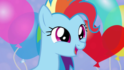 Size: 1280x720 | Tagged: safe, derpibooru import, screencap, rainbow dash, pegasus, pony, newbie dash, alternate hairstyle, balloon, behaving like pinkie pie, cute, dashabetes, dynamic dash, female, happy, mare, open mouth, outfit catalog, solo