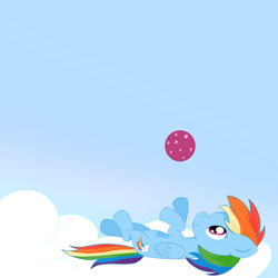 Size: 4000x4000 | Tagged: safe, rainbow dash, pegasus, pony, ball, blue coat, cloud, female, mare, multicolored mane, solo