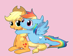 Size: 1800x1400 | Tagged: safe, artist:three, derpibooru import, applejack, rainbow dash, earth pony, pegasus, pony, hug, pixiv