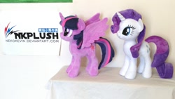 Size: 1200x675 | Tagged: safe, artist:nekokevin, rarity, twilight sparkle, twilight sparkle (alicorn), alicorn, pony, unicorn, cute, duo, female, irl, mare, photo, plushie, raribetes, smiling, twiabetes