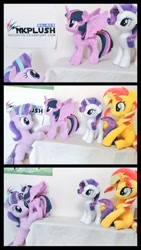 Size: 576x1024 | Tagged: safe, artist:nekokevin, rarity, starlight glimmer, sunset shimmer, twilight sparkle, twilight sparkle (alicorn), alicorn, pony, unicorn, series:nekokevin's glimmy, cute, female, glimmerbetes, grabbing, holding, holding a pony, irl, kidnapped, looking up, mare, photo, plushie, raribetes, shimmerbetes, sitting, size difference, smiling, twiabetes, underhoof