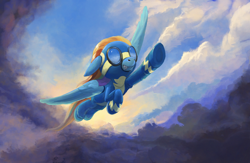 Size: 1280x833 | Tagged: dead source, safe, artist:maggwai, derpibooru import, rainbow dash, pegasus, pony, newbie dash, cloud, flying, goggles, gritted teeth, scenery, solo, wonderbolts, wonderbolts uniform