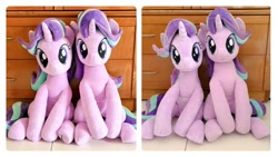 Size: 1200x675 | Tagged: safe, artist:nekokevin, starlight glimmer, unicorn, series:nekokevin's glimmy, comparison, cute, duality, duo, female, glimmerbetes, irl, looking at you, mare, photo, plushie, self ponidox, sitting, size comparison, smiling