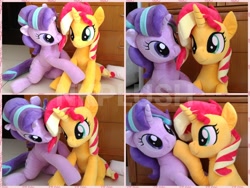 Size: 1200x900 | Tagged: safe, artist:nekokevin, starlight glimmer, sunset shimmer, unicorn, series:nekokevin's glimmy, chewing, cute, duo, eating, female, glimmerbetes, grabbing, irl, looking at each other, mare, photo, plushie, pointing, raised hoof, shimmerbetes, sitting, smiling, watermark