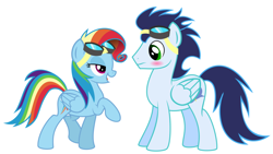 Size: 1024x579 | Tagged: safe, artist:sunsetsparkle129, derpibooru import, rainbow dash, soarin', pegasus, pony, newbie dash, alternate hairstyle, blushing, duo, female, goggles, male, rainbow fash, raised hoof, shipping, simple background, soarindash, straight, white background