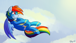 Size: 1280x720 | Tagged: safe, artist:rubywave32, derpibooru import, rainbow dash, pegasus, pony, newbie dash, flying, solo, wonderbolts uniform