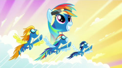 Size: 1920x1078 | Tagged: safe, derpibooru import, screencap, rainbow dash, soarin', spitfire, pegasus, pony, newbie dash, wonderbolts, wonderbolts uniform