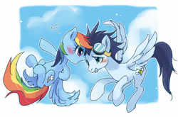 Size: 715x471 | Tagged: safe, artist:pasikon, rainbow dash, soarin', pegasus, pony, blushing, female, male, shipping, soarindash, straight